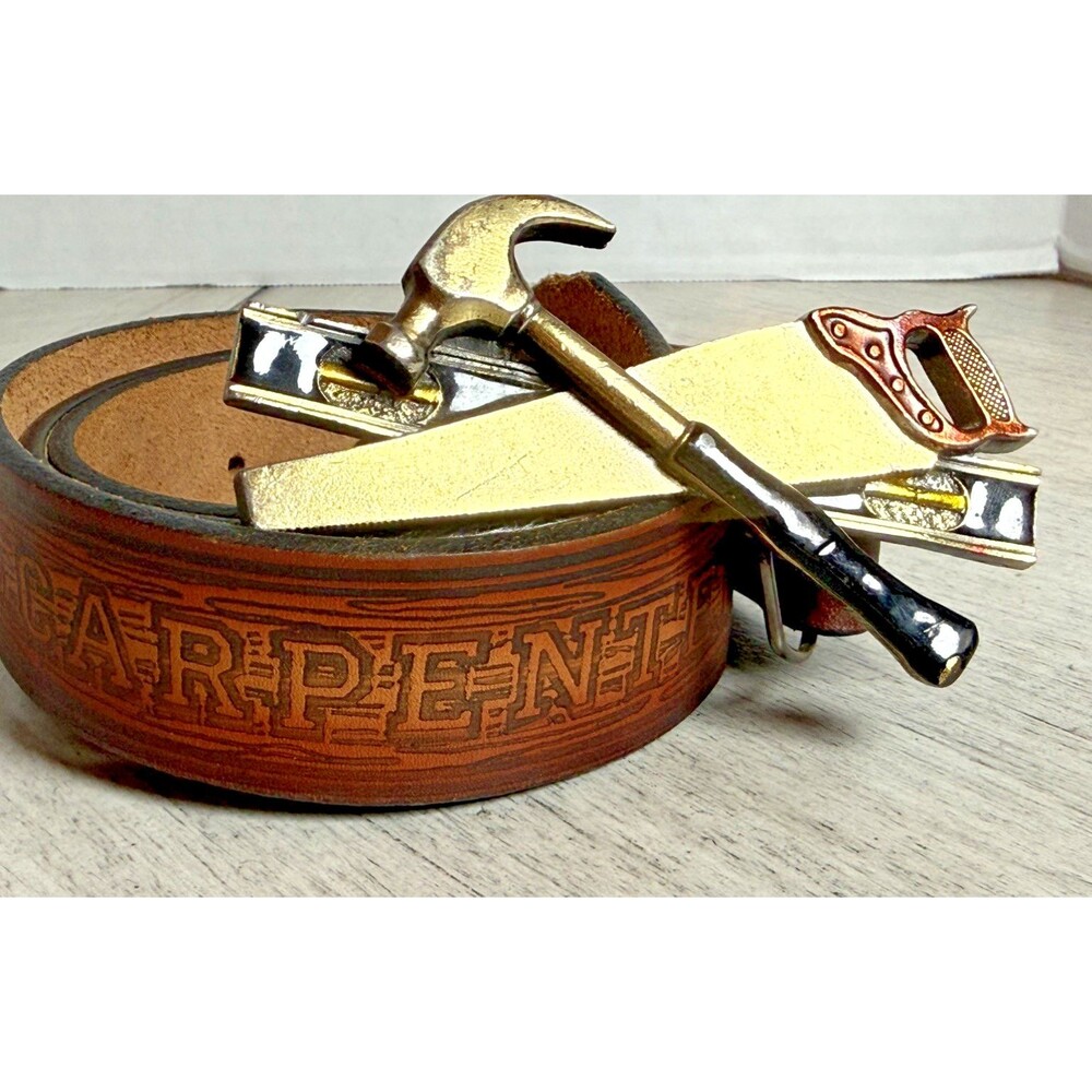 1981 Great American Buckle Co Carpenter Hammer Saw Level Belt Buckle 41” VTG